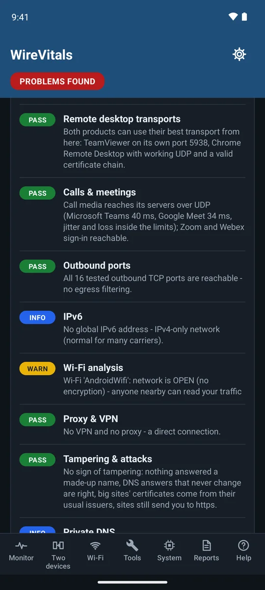 Check Internet results: a row per check with PASS, INFO and WARN pills and a one-line finding each
