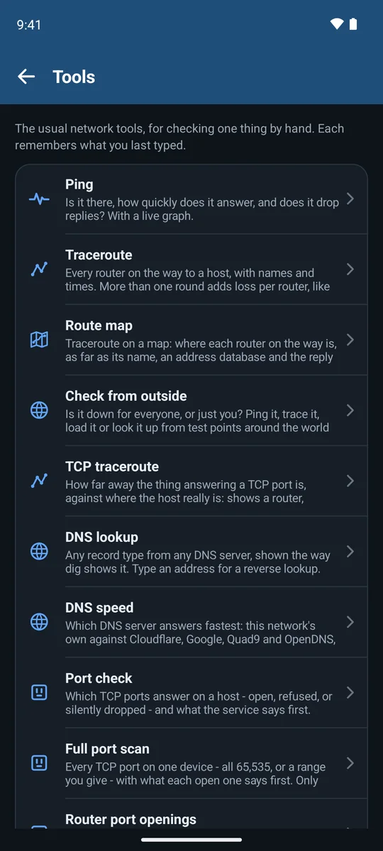Tools list: ping, traceroute, route map, check from outside, TCP traceroute, DNS lookup and more