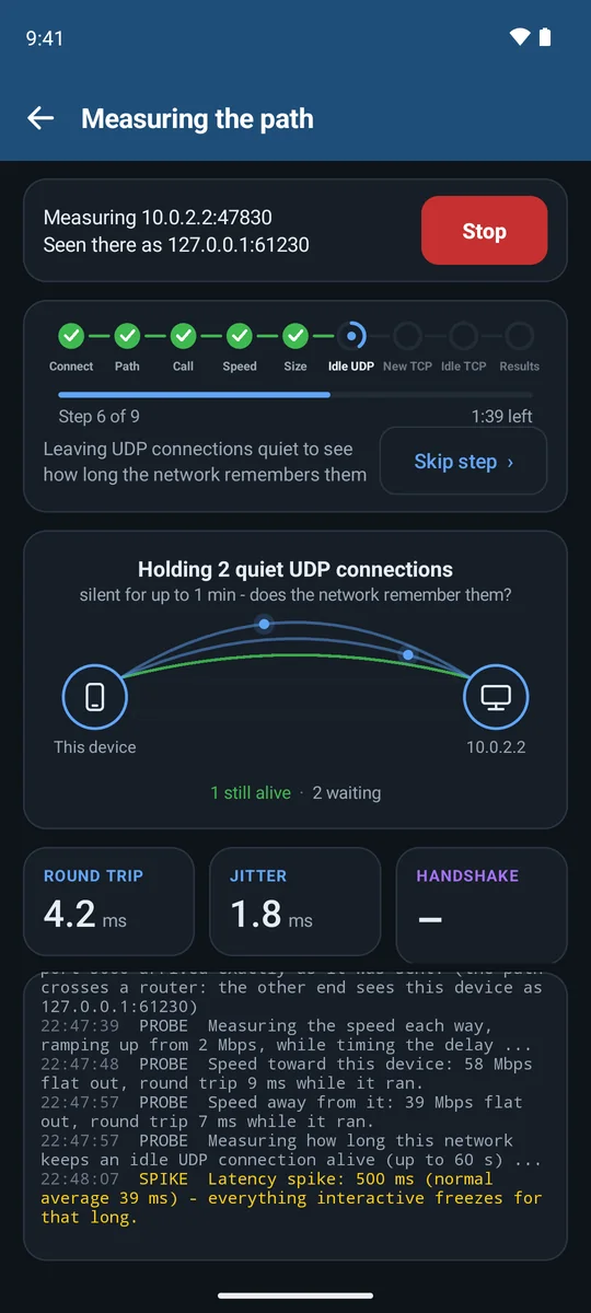 Idle connection test: two quiet UDP connections held open, one already confirmed alive