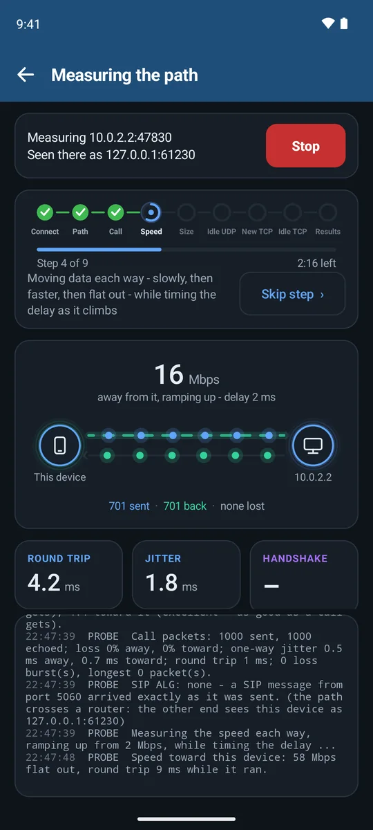 Speed step: 16 Mbps away from this device and ramping up, delay 2 ms